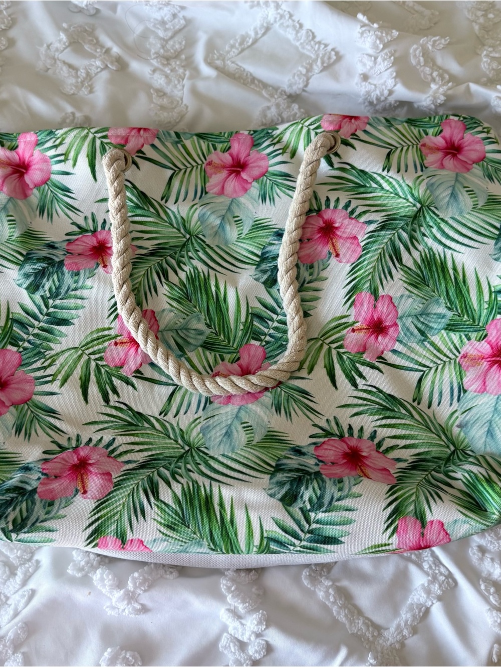 Tropical Floral Canvas Tote Bag with Rope Handles - Pink & Green